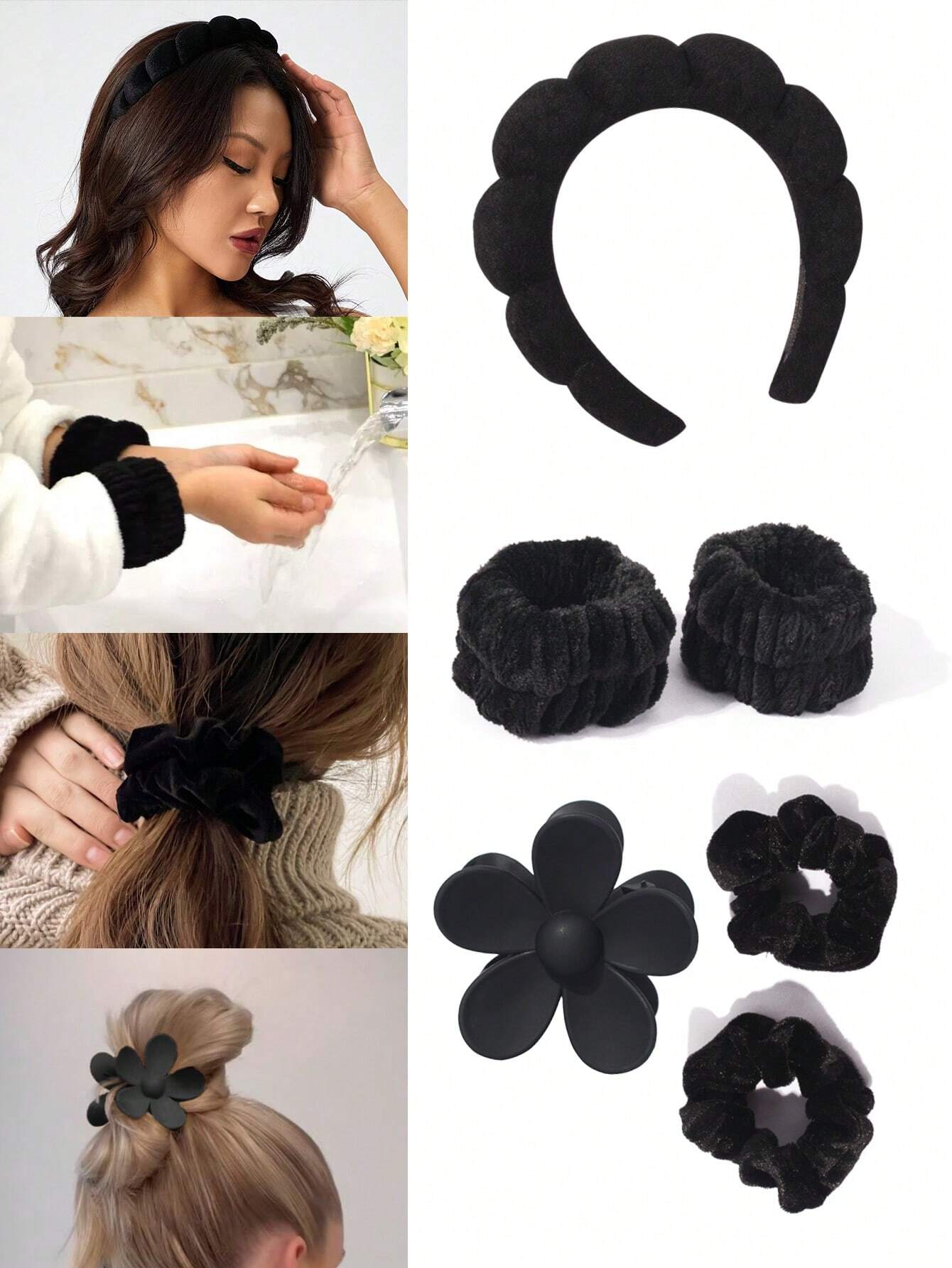 طقم عصابات رأس وغسيل الوجه6 قطع – مخمل وردي مع أقواس وفوم ناعم