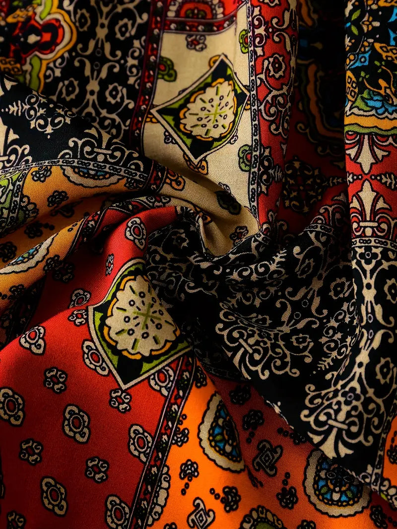 فستان بوهيمي بقصة على شكل حرف V، مقاس كبير للنساء بأكمام قصيرة، تصميم هندسي، قماش رايون 100%