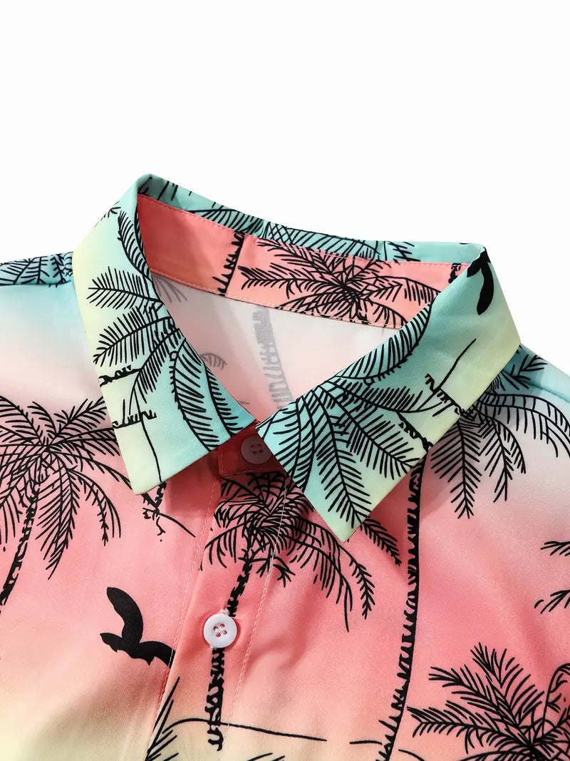 قميص رجالي بأكمام قصيرة بأسلوب هاواي الزاهي مع طباعة نخيل استوائي ونورس