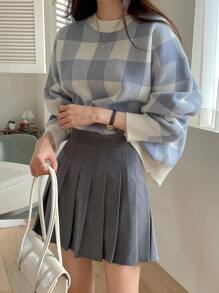 DAZY Gingham Pattern Drop Shoulder Oversized Sweater,Long Sleeve Tops