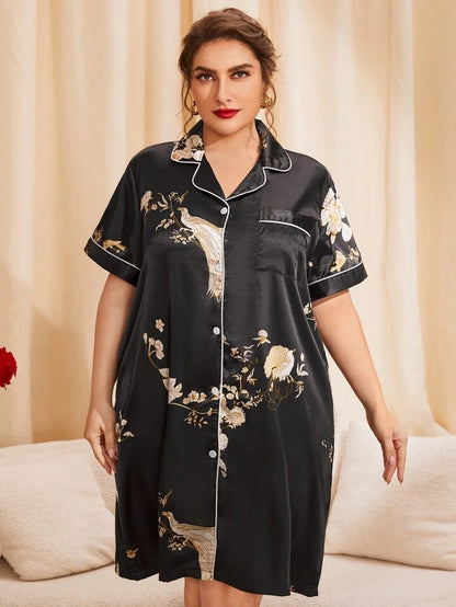 فستان نوم طويل من الحرير الصناعي بمقاس كبير وطبعة زهور أنيقة من لوكس نايتس