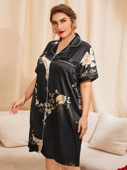 فستان نوم طويل من الحرير الصناعي بمقاس كبير وطبعة زهور أنيقة من لوكس نايتس