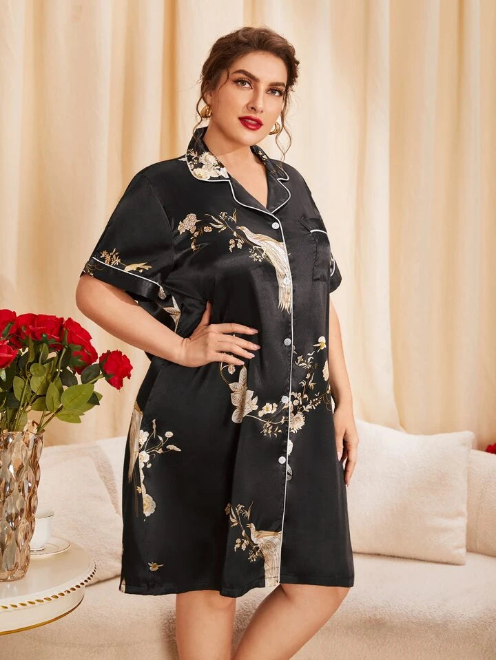 فستان نوم طويل من الحرير الصناعي بمقاس كبير وطبعة زهور أنيقة من لوكس نايتس