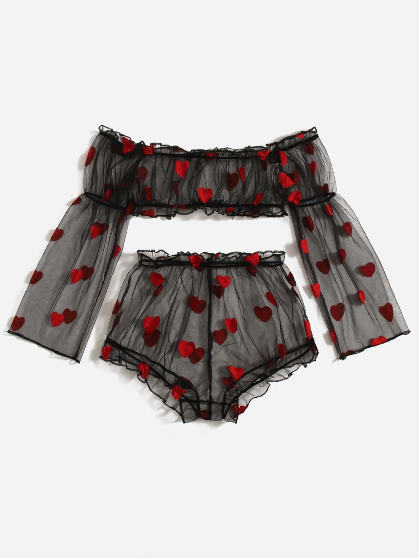 طقم ملابس داخلية شبكية مطرزة على شكل قلب
