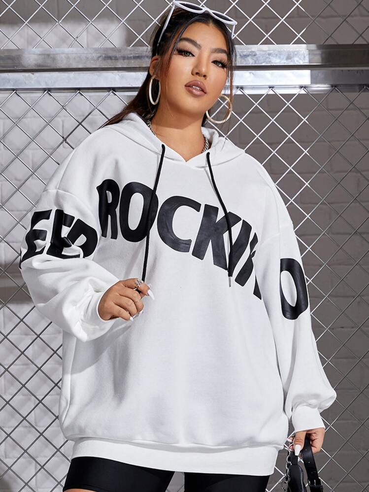 هودي SHEIN EZwear Plus برسومات وأحرف وكتف منسدلة ورباط
