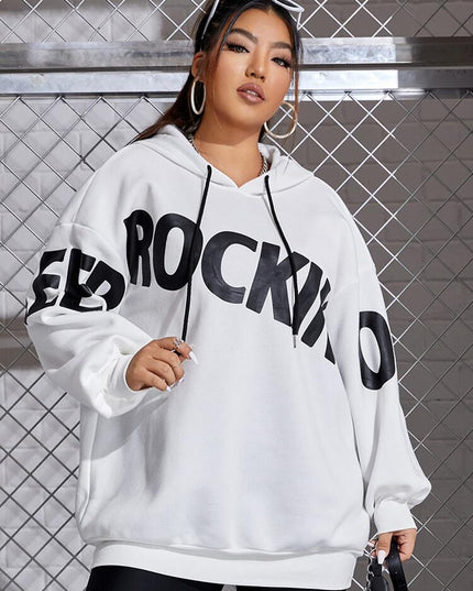 هودي SHEIN EZwear Plus برسومات وأحرف وكتف منسدلة ورباط