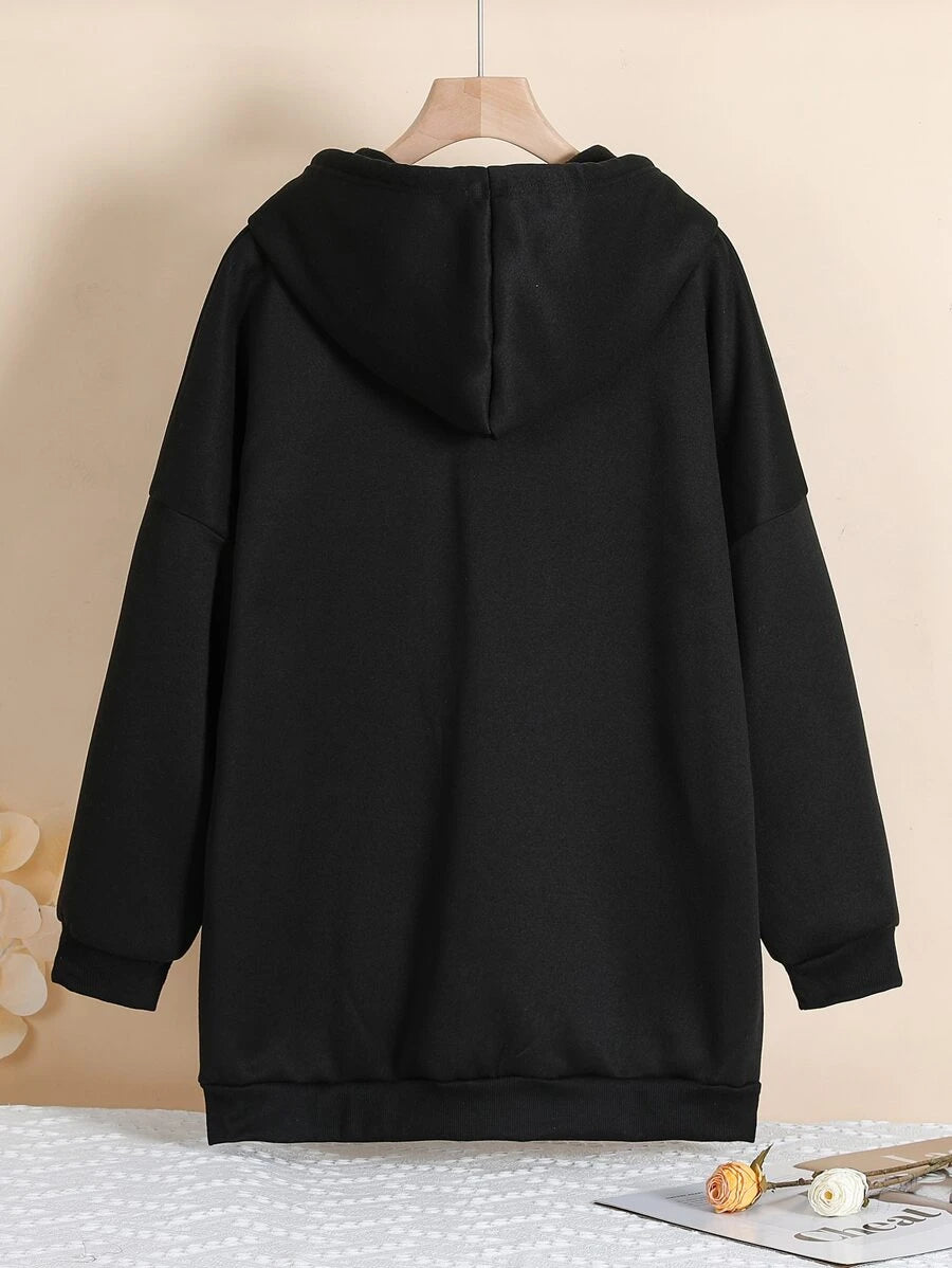 INAWLY Plus Zip Up Drop Shoulder Drawstring Thermal Lined Longline Hoodie