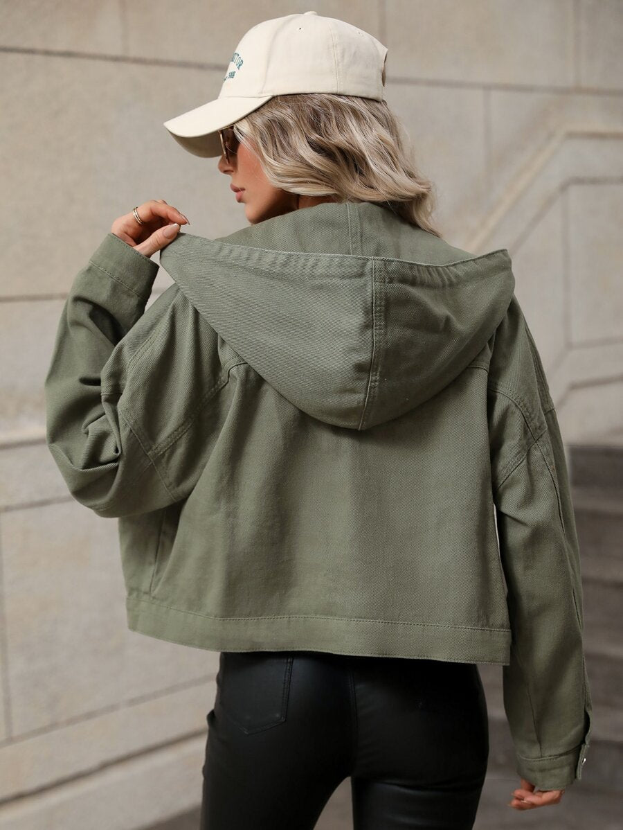 جاكيت جينز شتوي من SHEIN Frenchy بغطاء للرأس وجيب منسدلة وكتف منسدل ورباط