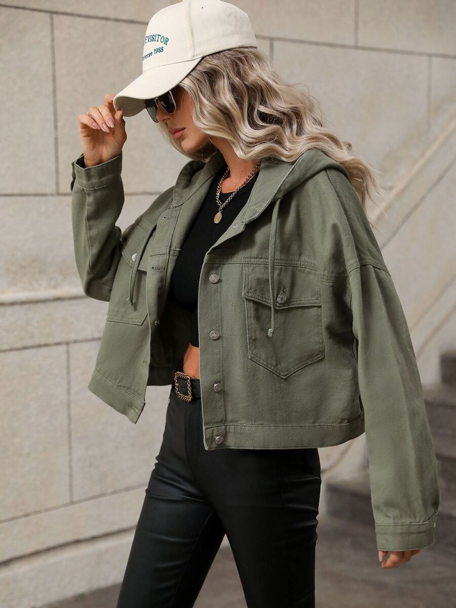 جاكيت جينز شتوي من SHEIN Frenchy بغطاء للرأس وجيب منسدلة وكتف منسدل ورباط