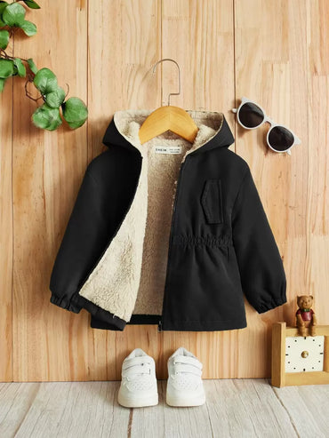 جاكيت بناتي كاجوال سادة بأكمام طويلة بكابيشو وسحاب من الصوف من شي إن