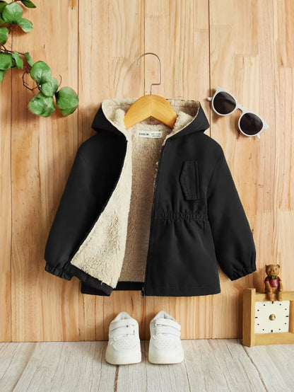 جاكيت بناتي كاجوال سادة بأكمام طويلة بكابيشو وسحاب من الصوف من شي إن