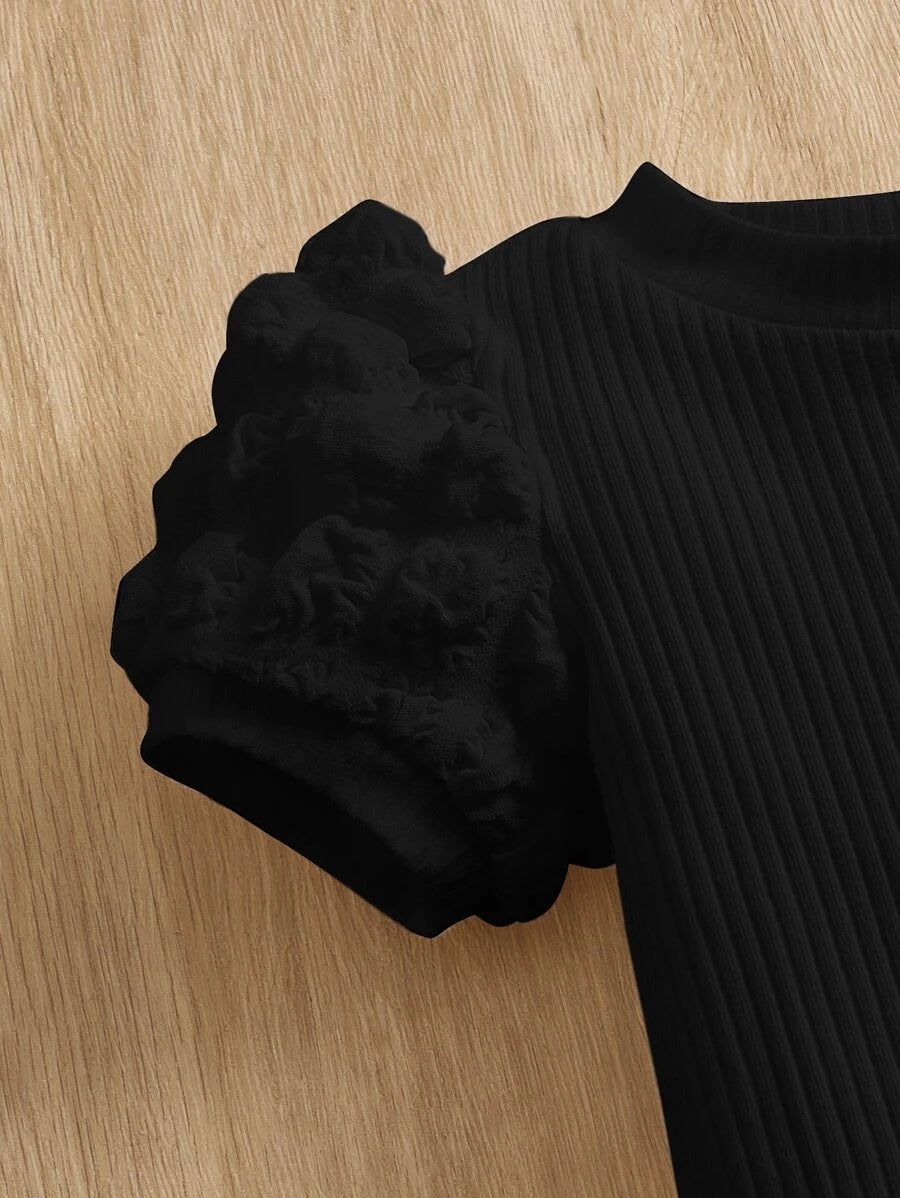 فستان شي إن للبنات الصغار بأكمام منتفخة ومضلعة، مريح، مناسب للصيف