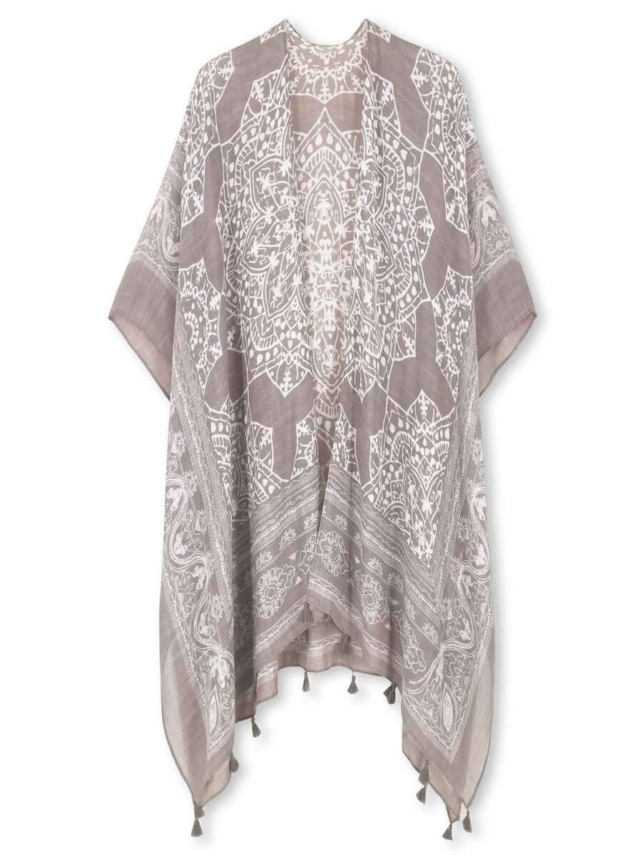 كيمونو صيفي بطبعة زهور وحافة مزينة بالشراشيب