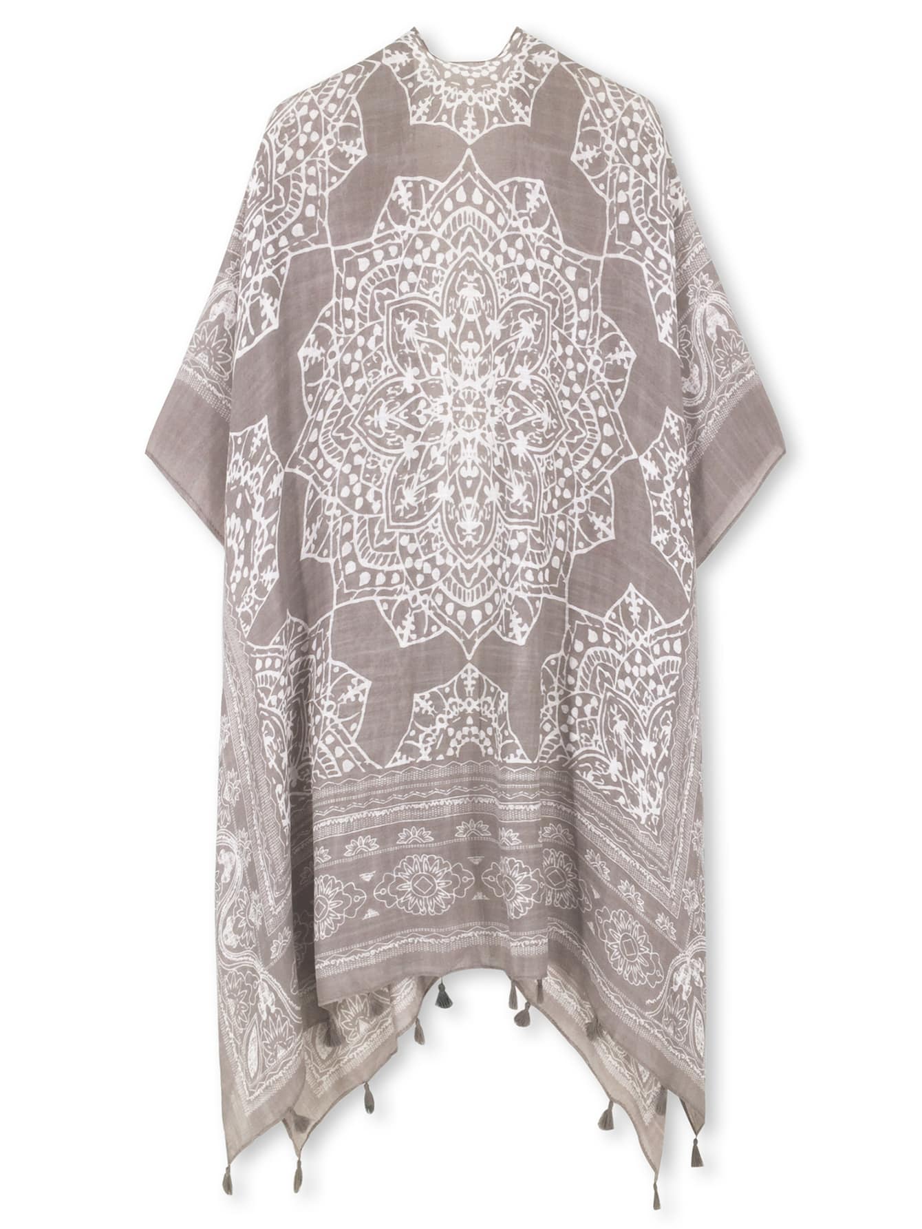 كيمونو صيفي بطبعة زهور وحافة مزينة بالشراشيب