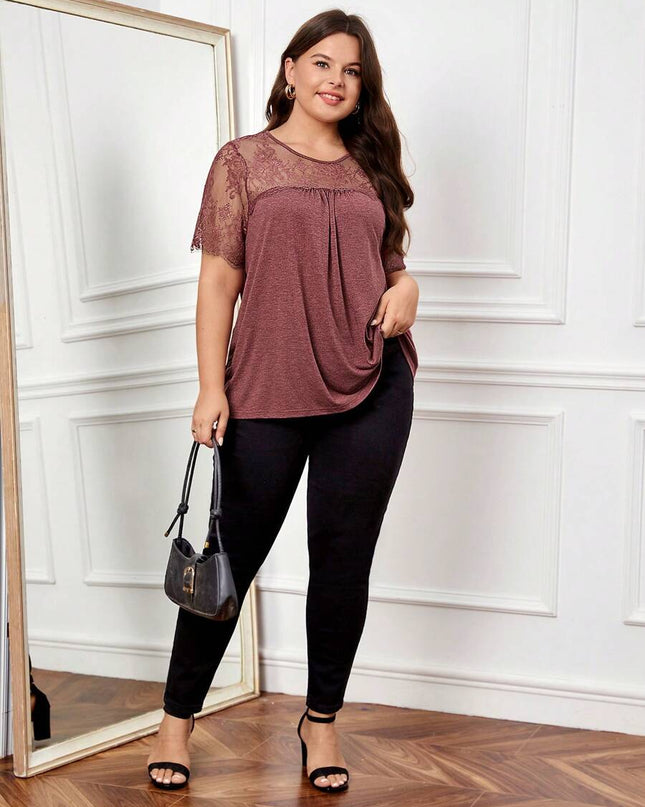 تي شيرت SHEIN LUNE Plus بقبة دانتيل متباينة