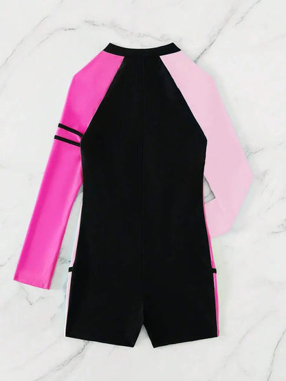 بدلة سباحة صيفية للشاطئ بألوان متعددة وسحاب أمامي وأكمام راجلان من قطعة واحدة