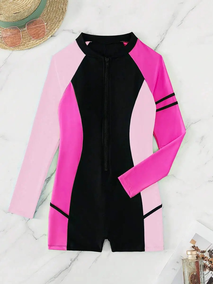 بدلة سباحة صيفية للشاطئ بألوان متعددة وسحاب أمامي وأكمام راجلان من قطعة واحدة