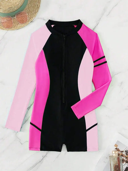 بدلة سباحة صيفية للشاطئ بألوان متعددة وسحاب أمامي وأكمام راجلان من قطعة واحدة