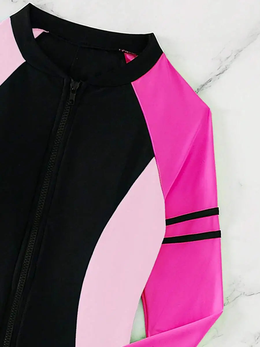 بدلة سباحة صيفية للشاطئ بألوان متعددة وسحاب أمامي وأكمام راجلان من قطعة واحدة