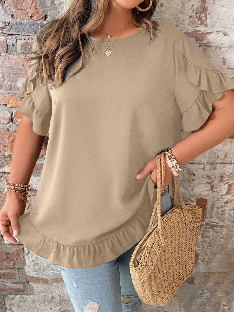 بلوزة مقاس كبير بأكمام واسعة وحواف كشكشة من لون - شي إن