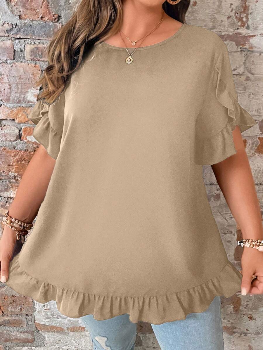 بلوزة مقاس كبير بأكمام واسعة وحواف كشكشة من لون - شي إن