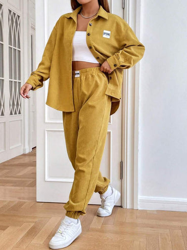 SHEIN EZwear 1pc Letter Patched Drop Shoulder Corduroy Shirt & 1pc Pants