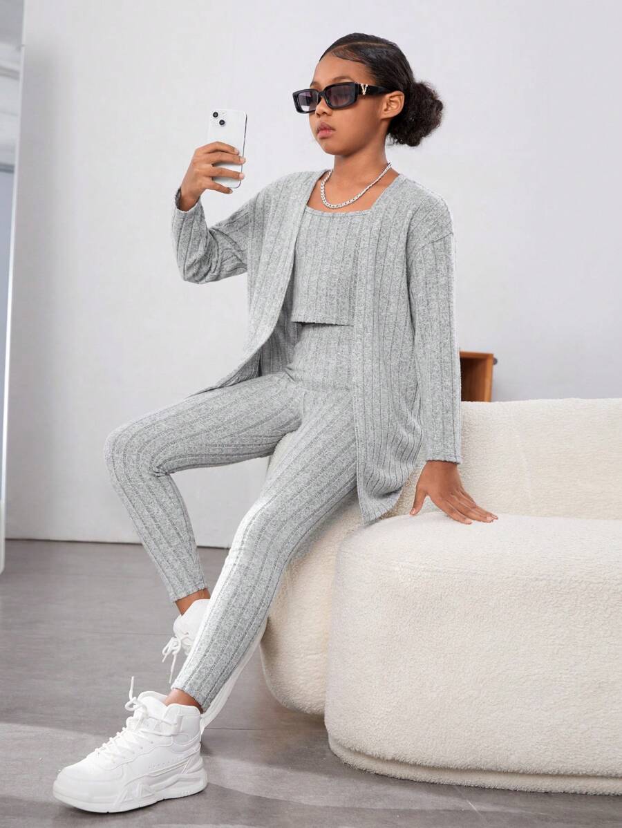 معطف مفتوح من الأمام وقميص داخلي وسروال ضيق للفتيات المراهقات من SHEIN