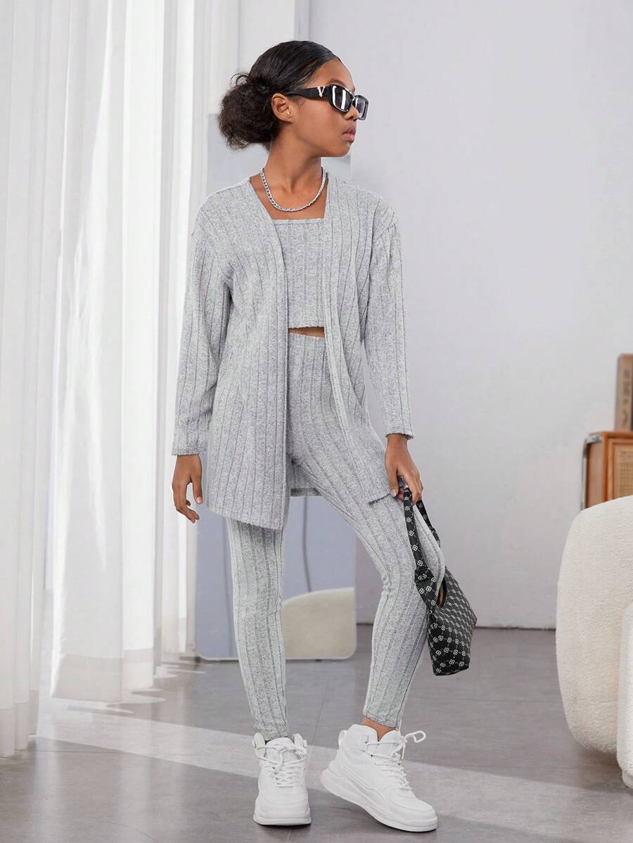 معطف مفتوح من الأمام وقميص داخلي وسروال ضيق للفتيات المراهقات من SHEIN