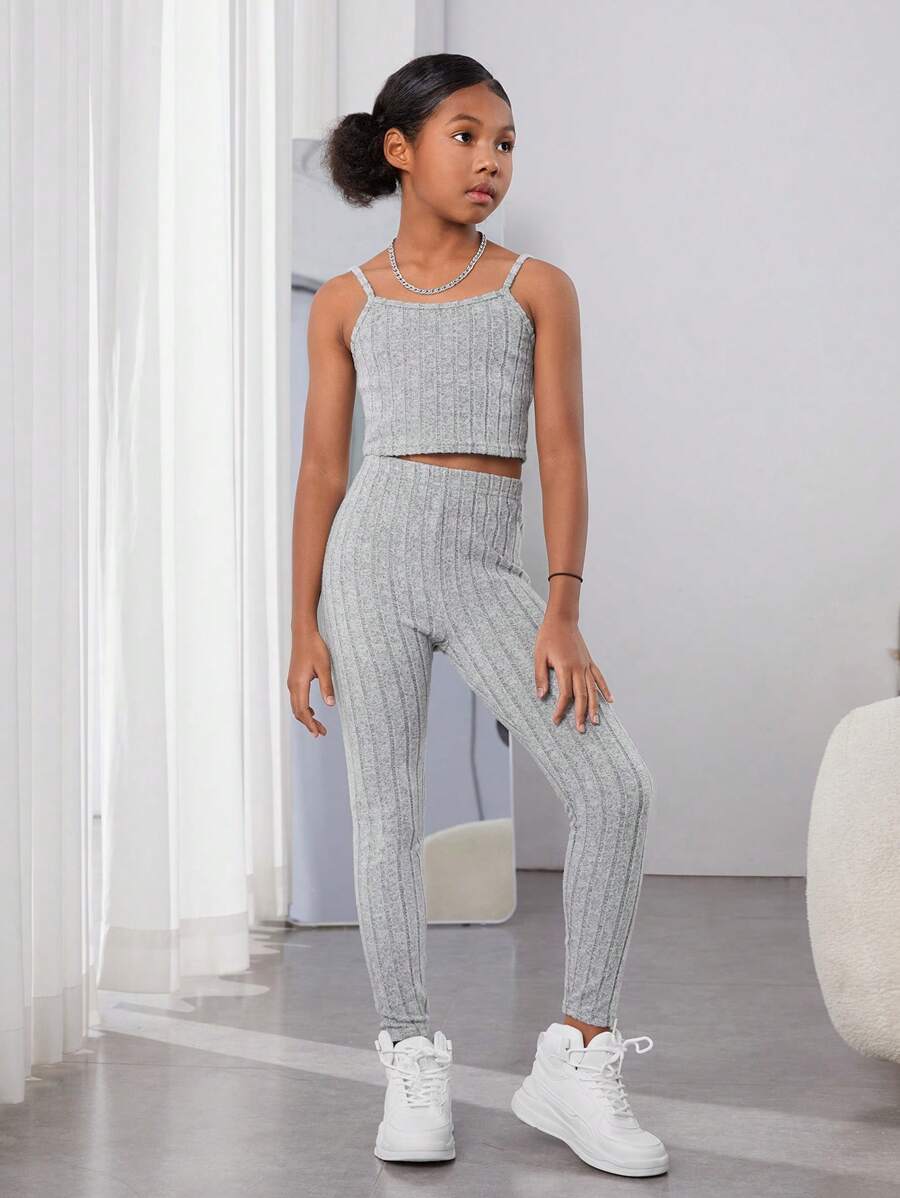 معطف مفتوح من الأمام وقميص داخلي وسروال ضيق للفتيات المراهقات من SHEIN