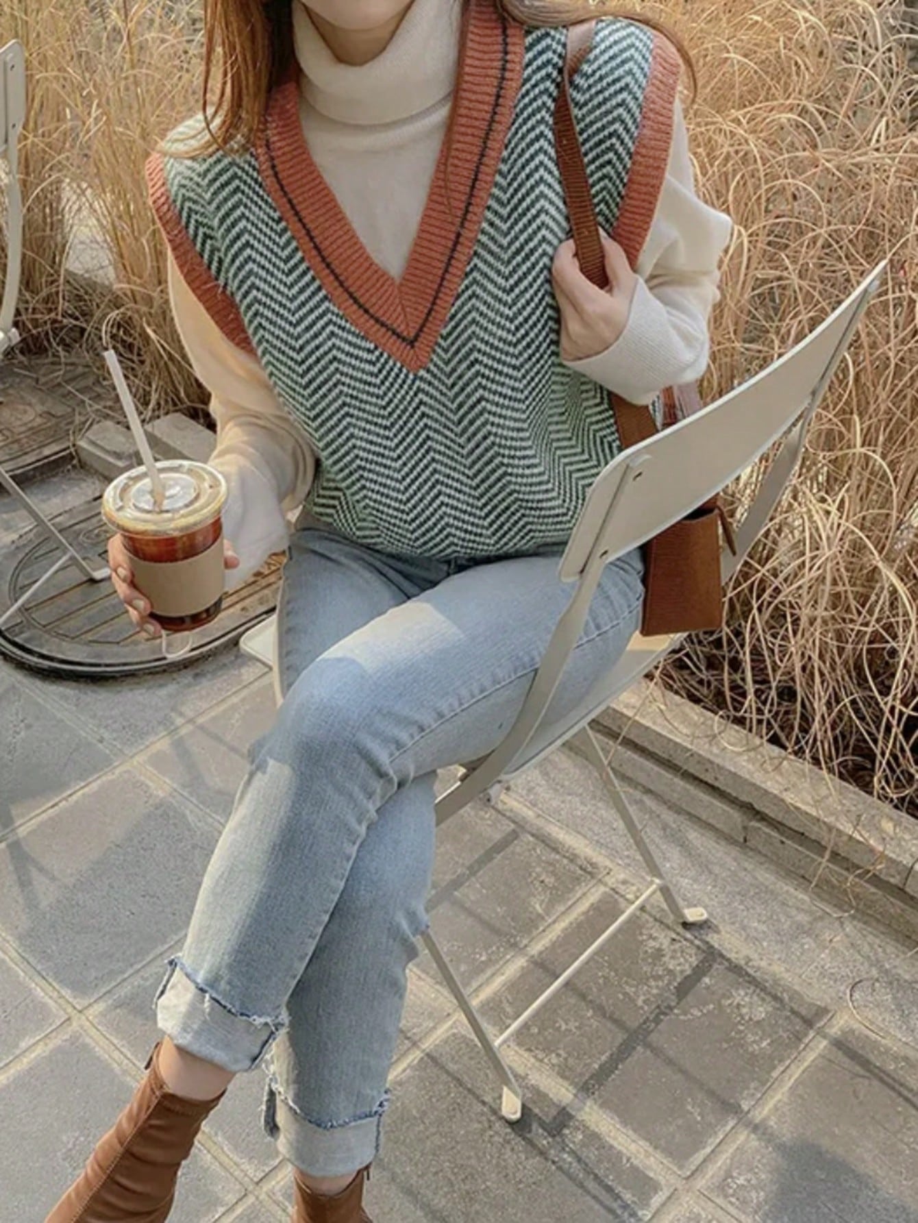 سترة صوفية بنقشة شيفرون وحواف متباينة Shein