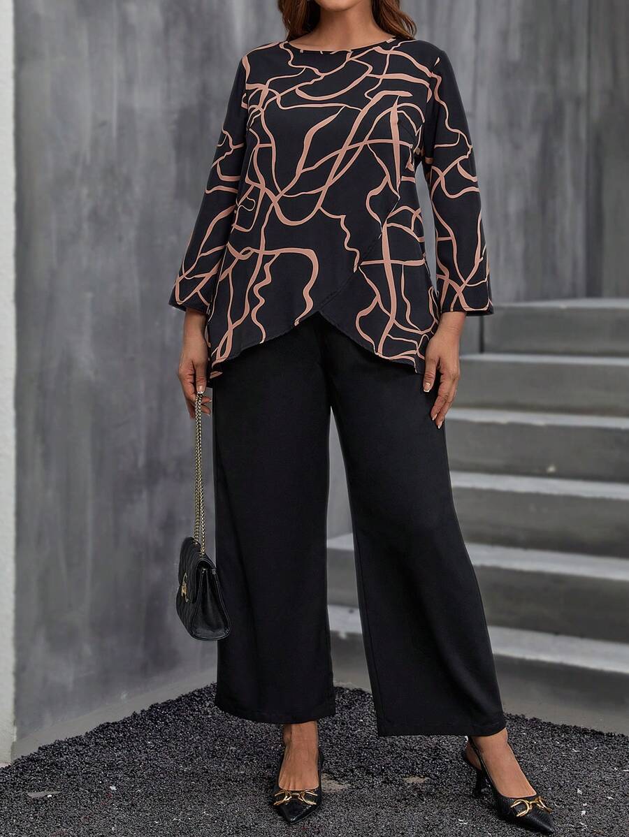 طقم نسائي مقاس كبير: بلوزة بطبعة جرافيك وبنطلون واسع من إيمري روز