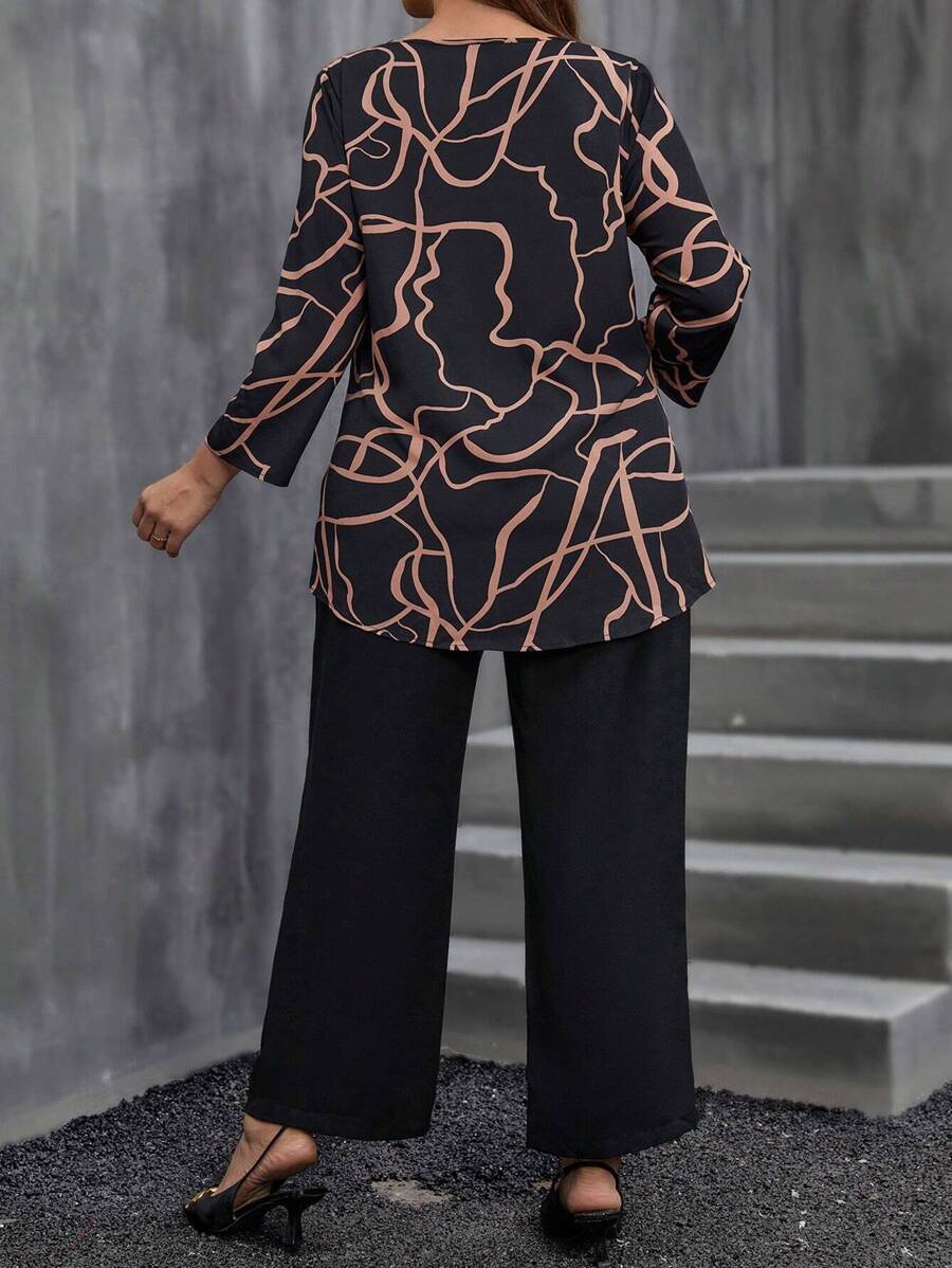 طقم نسائي مقاس كبير: بلوزة بطبعة جرافيك وبنطلون واسع من إيمري روز