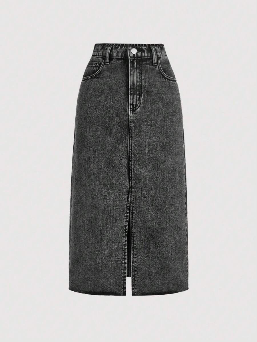 تنورة جينز SHEIN Girlism Teen Girl ذات الحافة المنقسمة