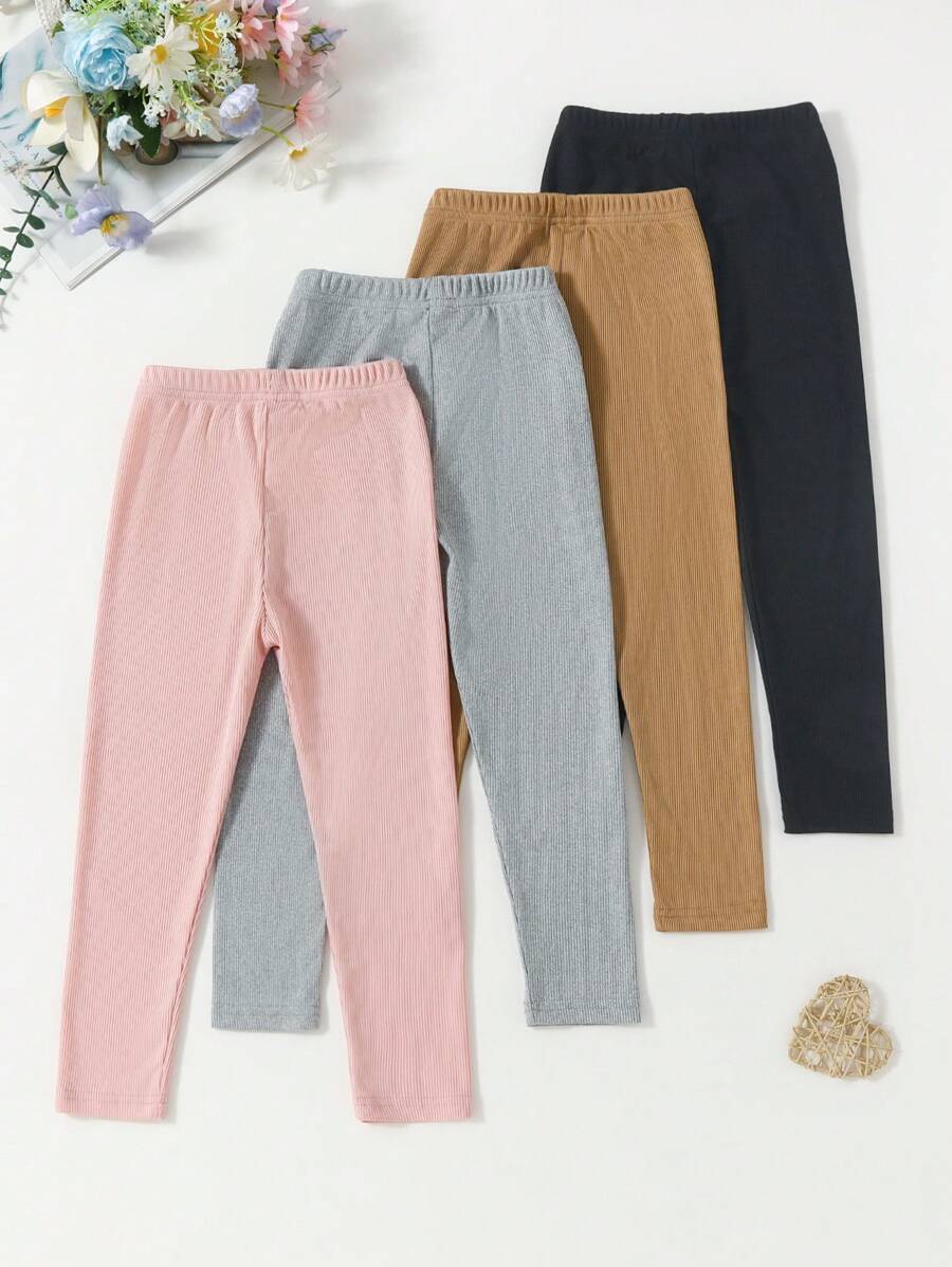 مجموعة من 4 قطع من السراويل الضيقة الملونة الكاجوال للفتيات الصغيرات مع تفاصيل فيونكة لطيفة