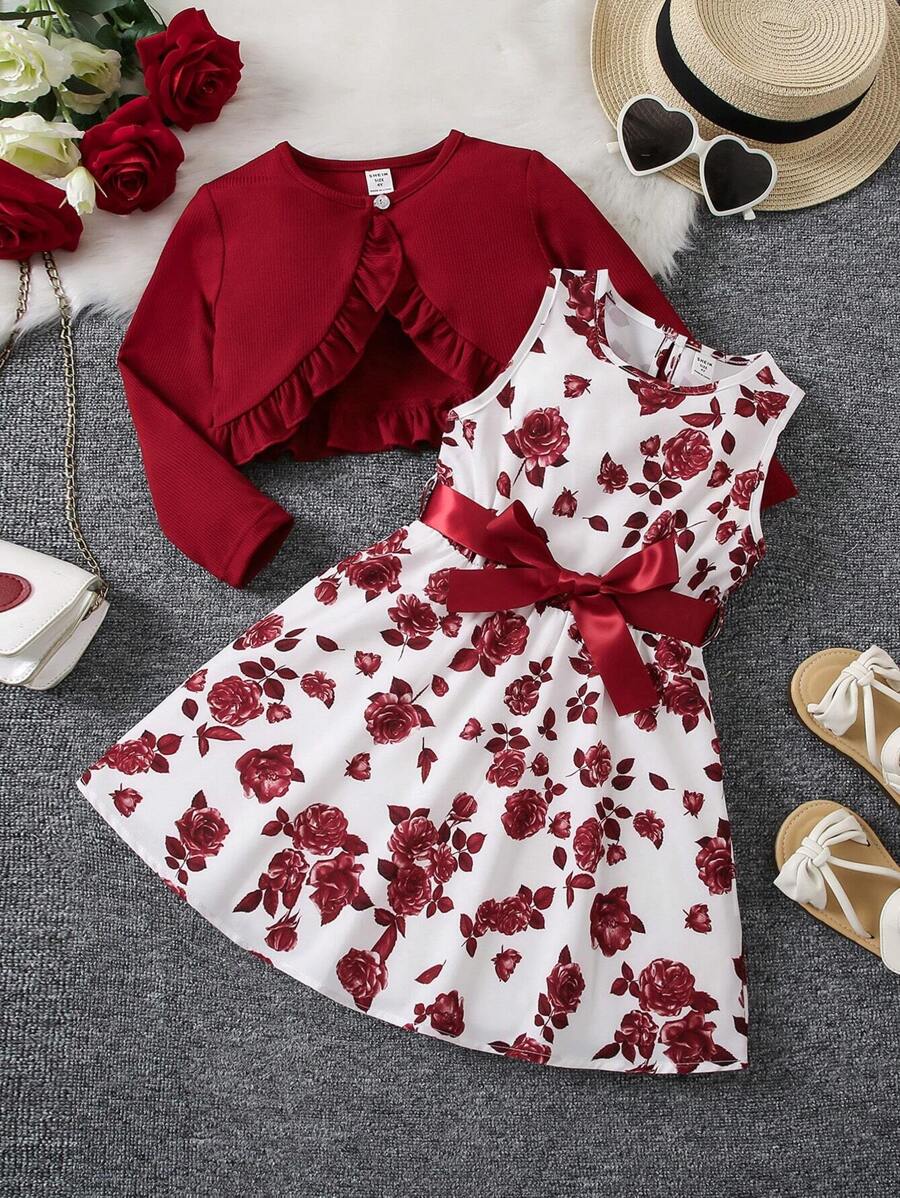 فستان شي إن للفتيات الصغيرات بطبعة زهور مع حزام وكارديجان بحافة مكشكشةShein