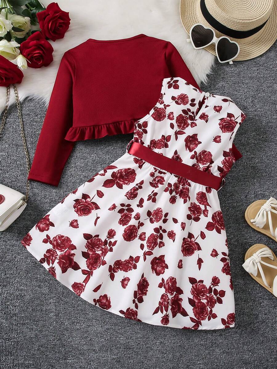 فستان شي إن للفتيات الصغيرات بطبعة زهور مع حزام وكارديجان بحافة مكشكشةShein