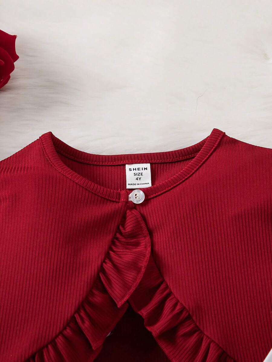 فستان شي إن للفتيات الصغيرات بطبعة زهور مع حزام وكارديجان بحافة مكشكشةShein