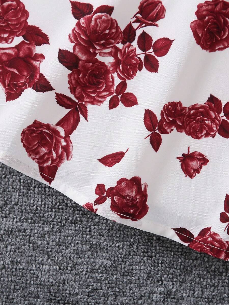 فستان شي إن للفتيات الصغيرات بطبعة زهور مع حزام وكارديجان بحافة مكشكشةShein