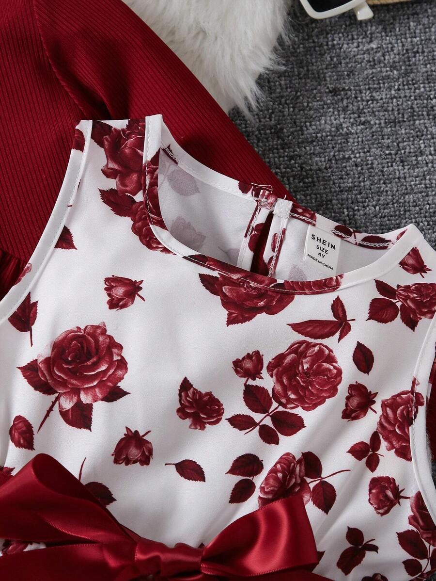 فستان شي إن للفتيات الصغيرات بطبعة زهور مع حزام وكارديجان بحافة مكشكشةShein