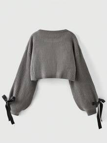 ROMWE Kawaii Sweet & Lovely Ladylike Style Ribbon-Decorated Bishop Sleeve Cardigan For Women