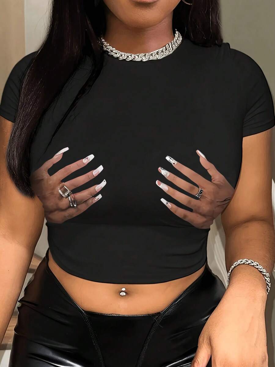 تي شيرت INAWLY نسائي بأكمام قصيرة ورقبة دائرية مطبوع يدويًا