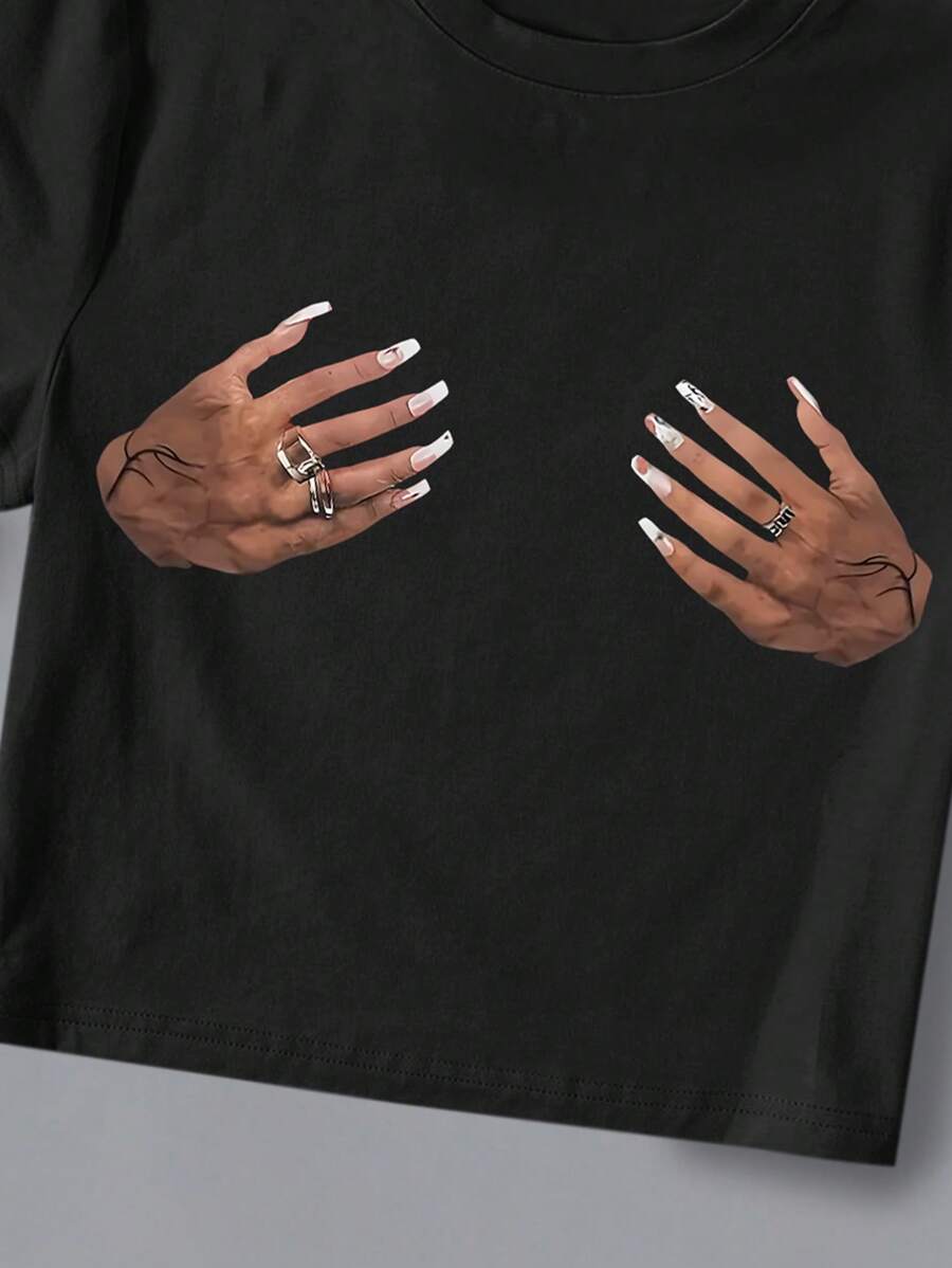 تي شيرت INAWLY نسائي بأكمام قصيرة ورقبة دائرية مطبوع يدويًا