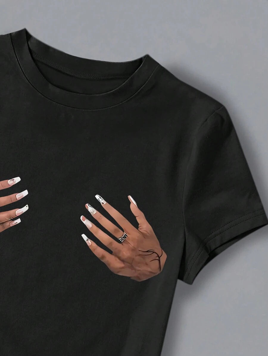 تي شيرت INAWLY نسائي بأكمام قصيرة ورقبة دائرية مطبوع يدويًا