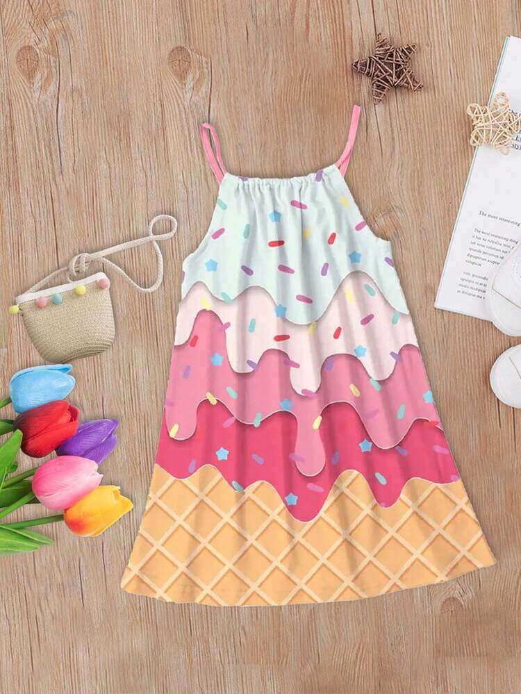 Shein فستان جميل للفتيات بطبعة زهور على شكل آيس كريم