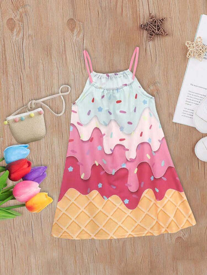 Shein فستان جميل للفتيات بطبعة زهور على شكل آيس كريم