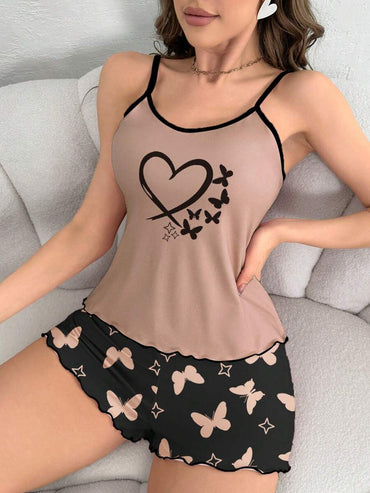 Women's Heart & Butterfly Printed Cami And Shorts Pajama Set