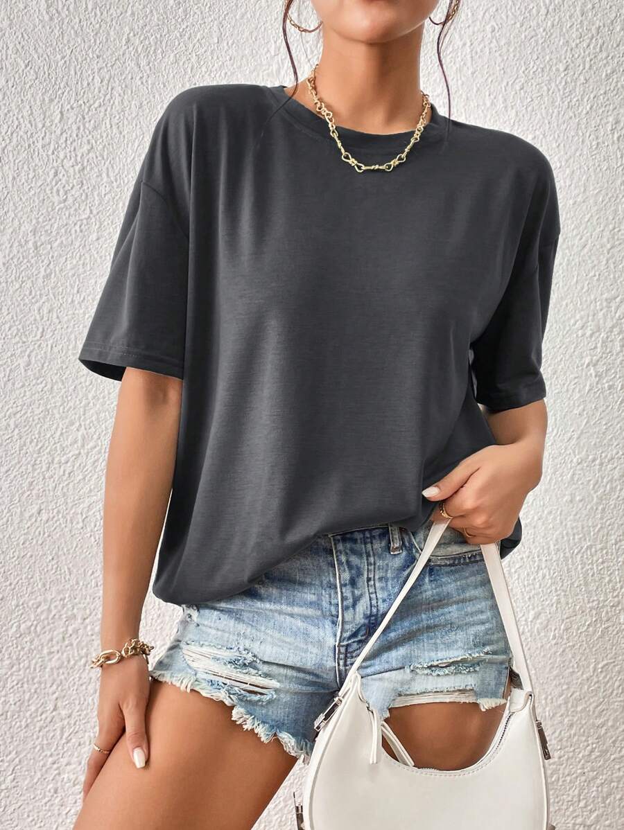 تيشيرت نسائي منخفض الأكتاف بأكمام قصيرة وياقة دائرية من إناولي