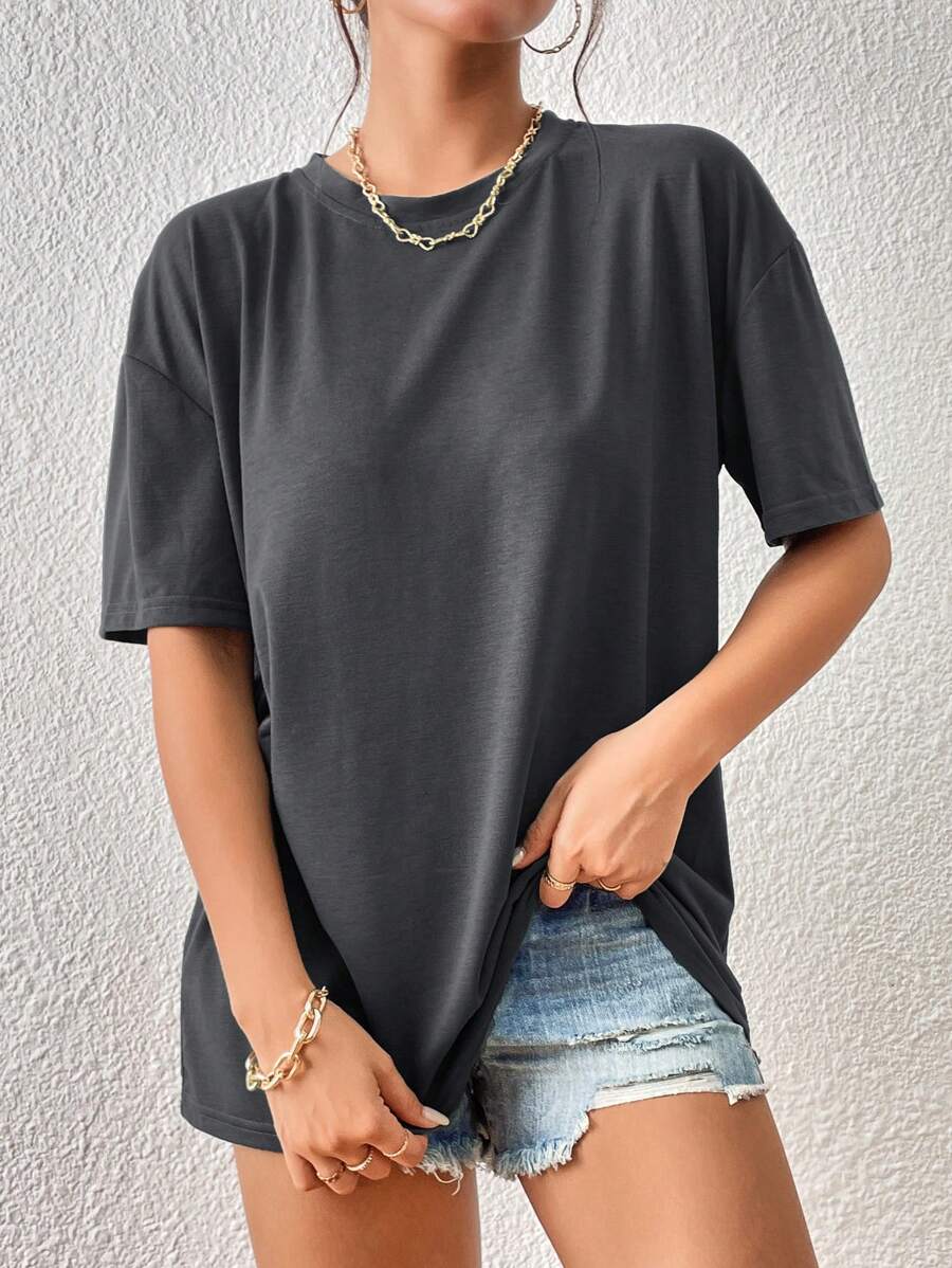 تيشيرت نسائي منخفض الأكتاف بأكمام قصيرة وياقة دائرية من إناولي