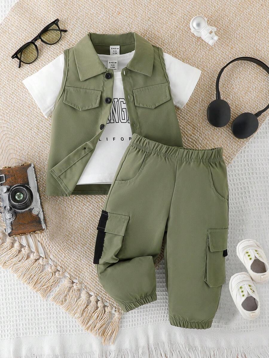 طقم ملابس عمل رياضي كاجوال للأطفال من SHEIN مكون من ثلاث قطع للصيف