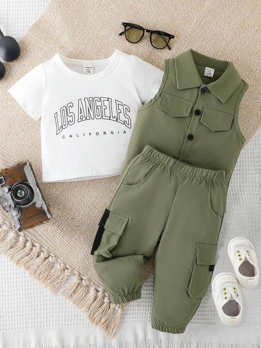 طقم ملابس عمل رياضي كاجوال للأطفال من SHEIN مكون من ثلاث قطع للصيف